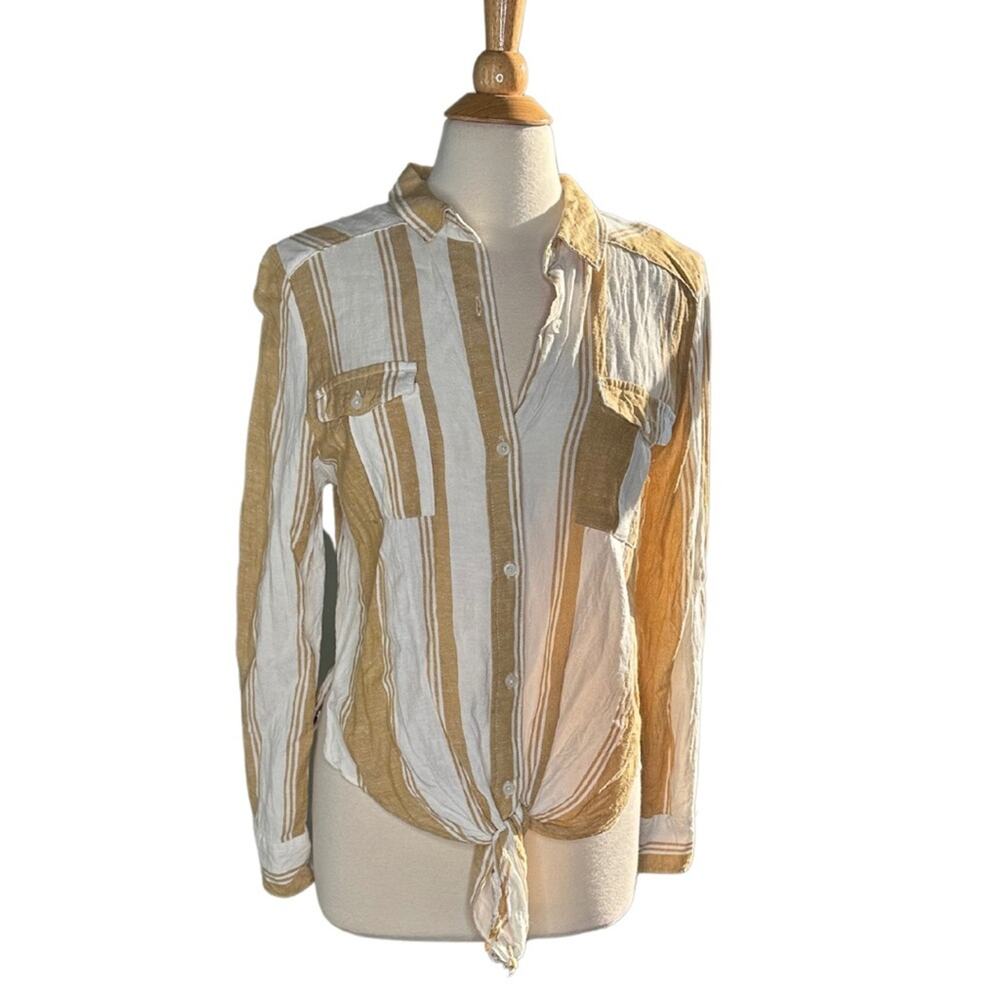 Harper Mustard White Vertical Stripes Button Front Tie Up Casual Career BR26